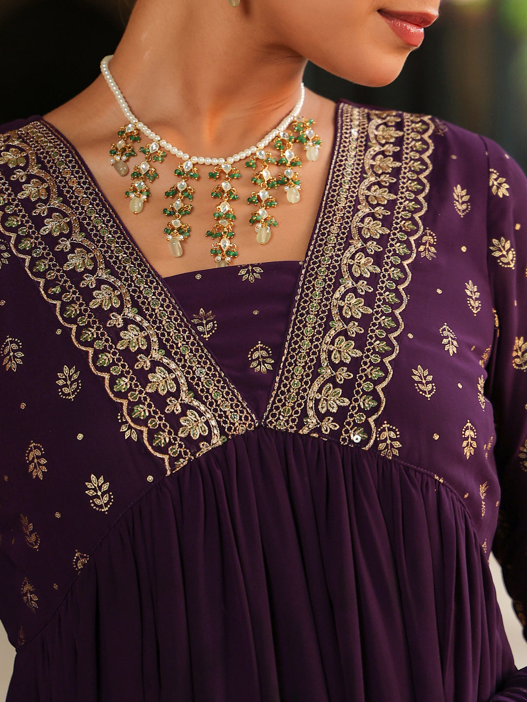 Ninnique Women's Purple Georgette Embellished Foil Printed Gathered Kurta With Dupatta Set