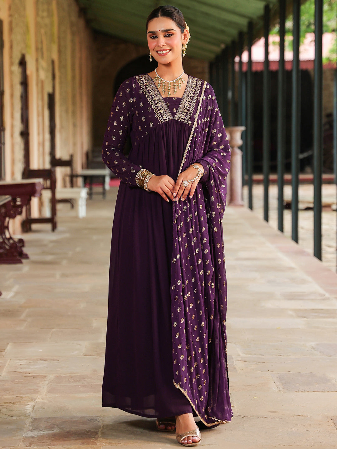 Ninnique Women's Purple Georgette Embellished Foil Printed Gathered Kurta With Dupatta Set