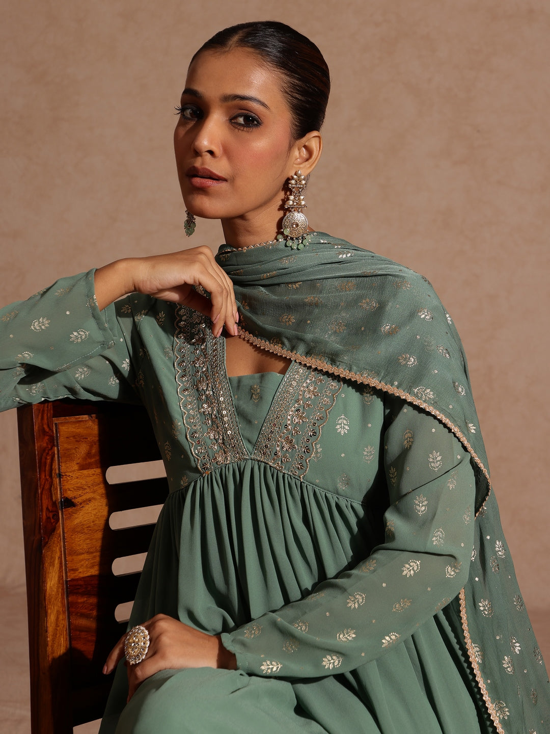 Ninnique Women's Sage Green Georgette Embellished Foil Printed Gathered Kurta With Dupatta Set