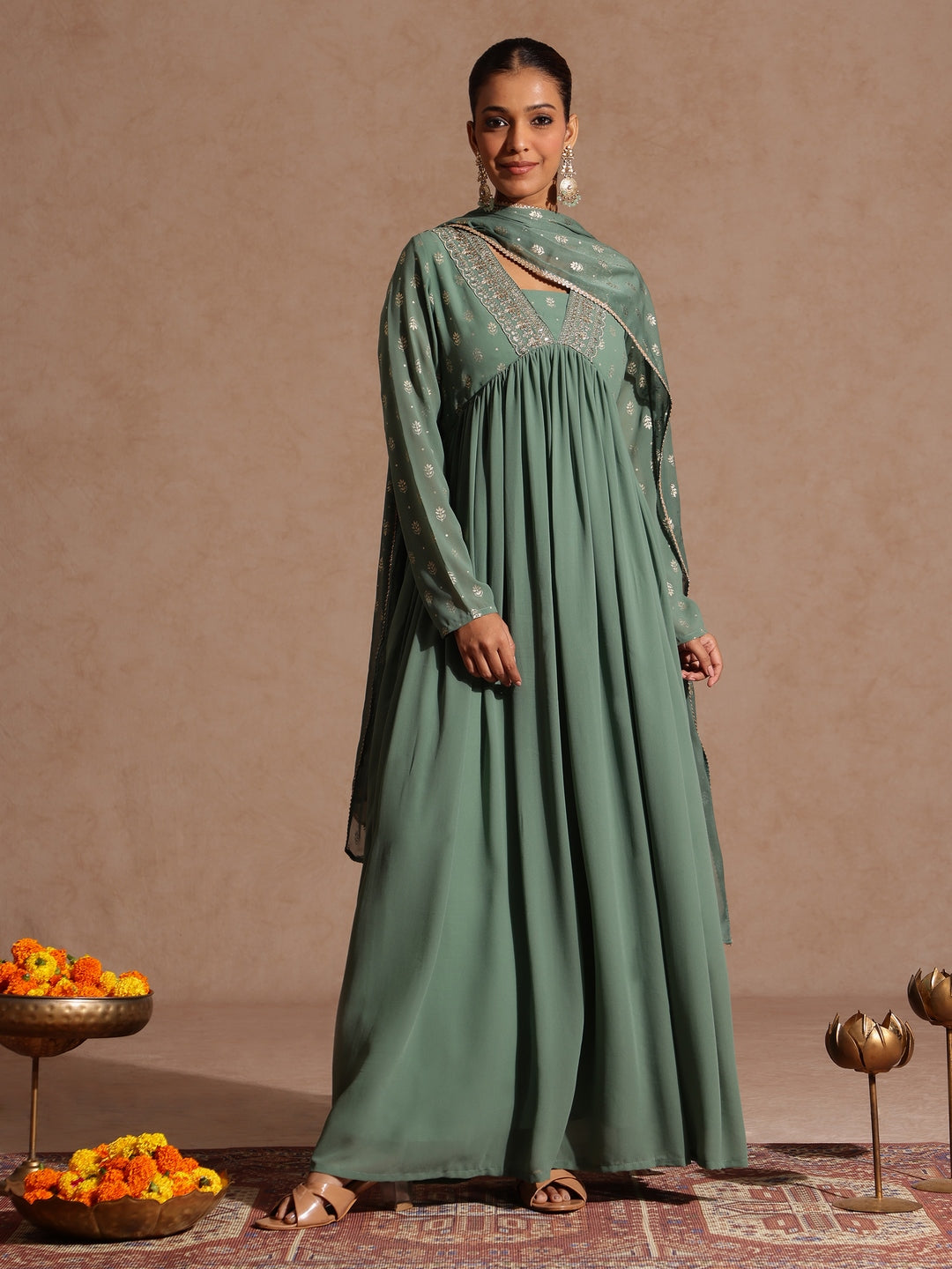 Ninnique Women's Sage Green Georgette Embellished Foil Printed Gathered Kurta With Dupatta Set