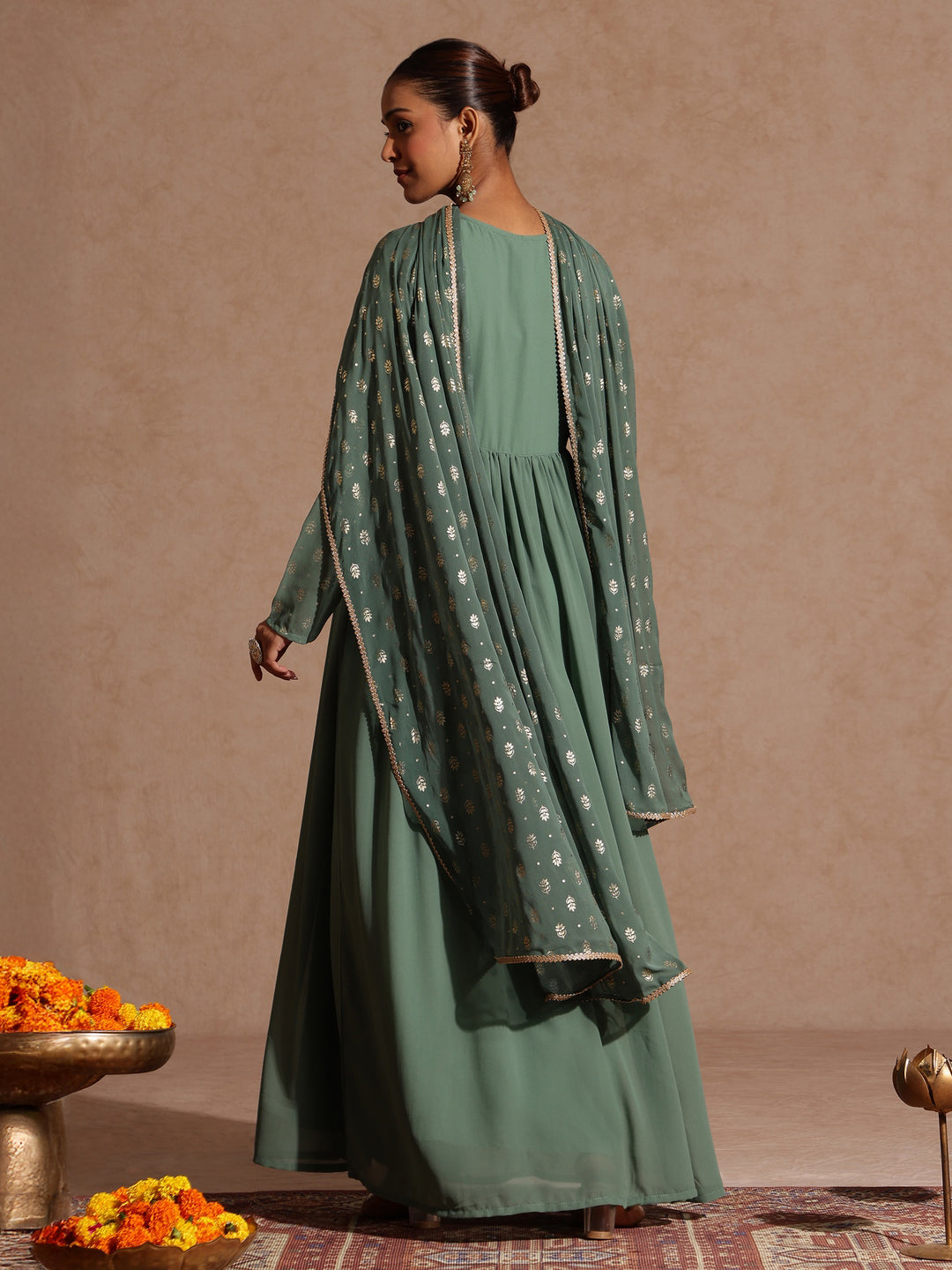 Ninnique Women's Sage Green Georgette Embellished Foil Printed Gathered Kurta With Dupatta Set