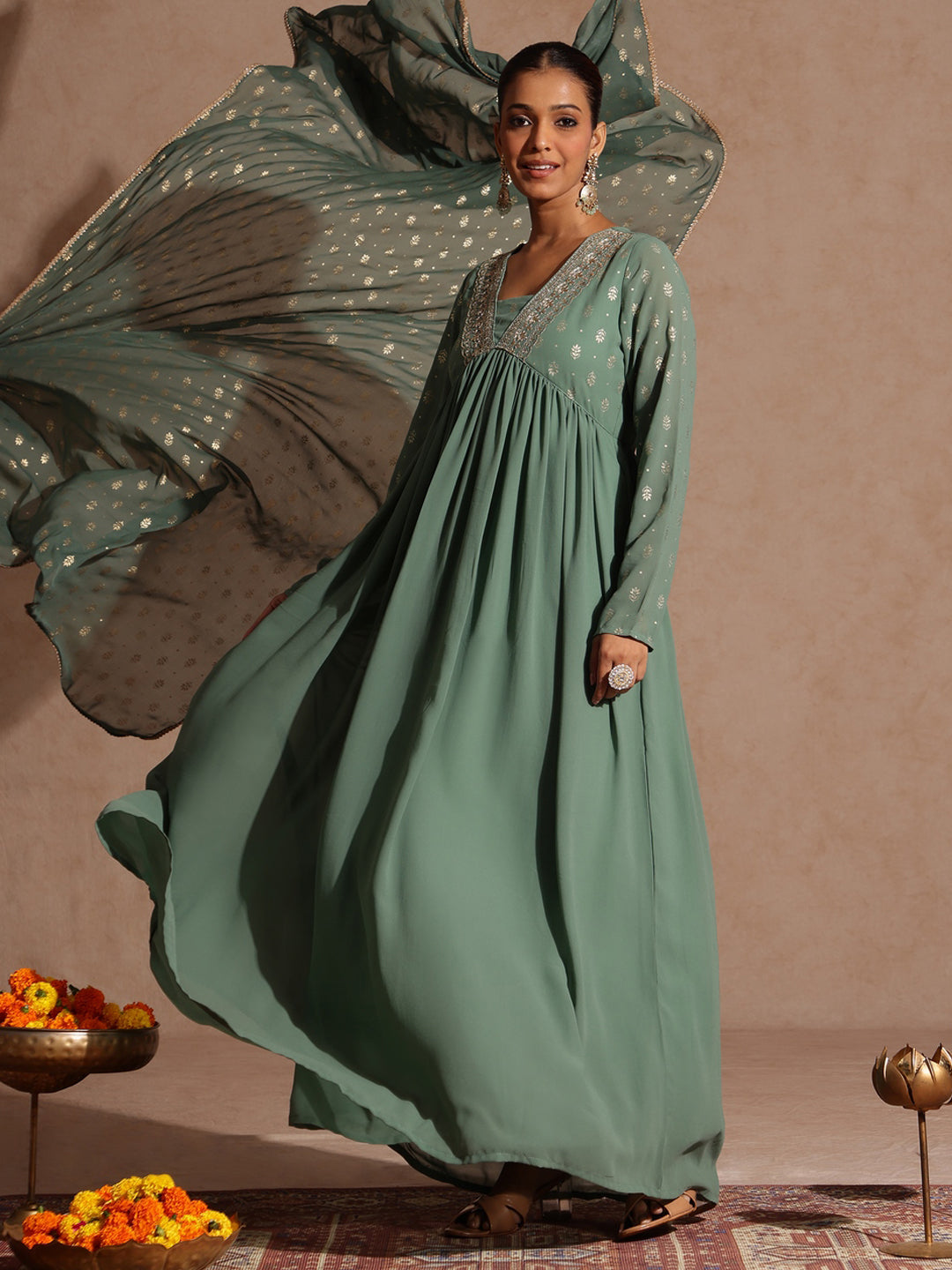 Ninnique Women's Sage Green Georgette Embellished Foil Printed Gathered Kurta With Dupatta Set