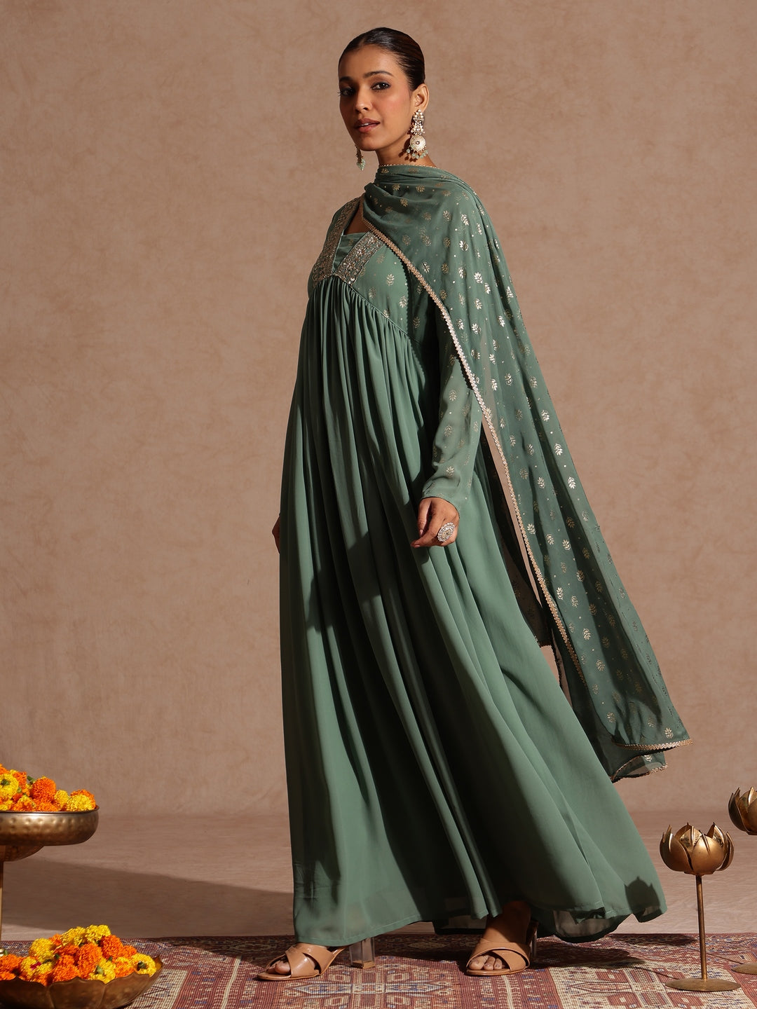 Ninnique Women's Sage Green Georgette Embellished Foil Printed Gathered Kurta With Dupatta Set
