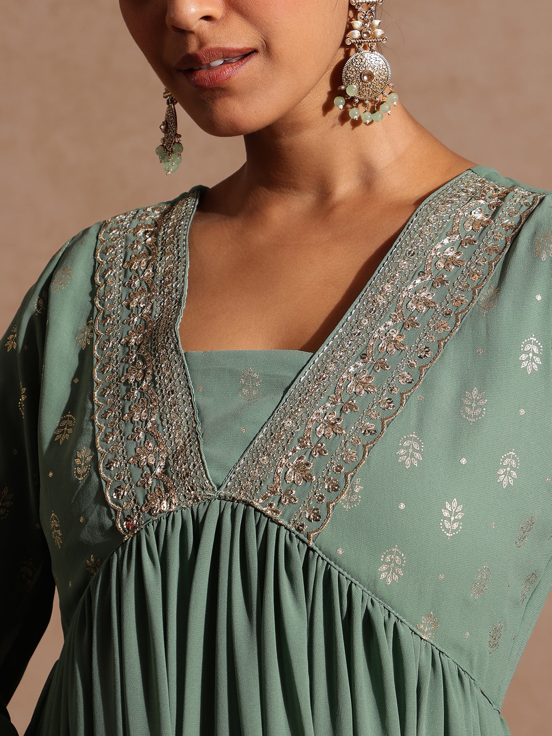 Ninnique Women's Sage Green Georgette Embellished Foil Printed Gathered Kurta With Dupatta Set