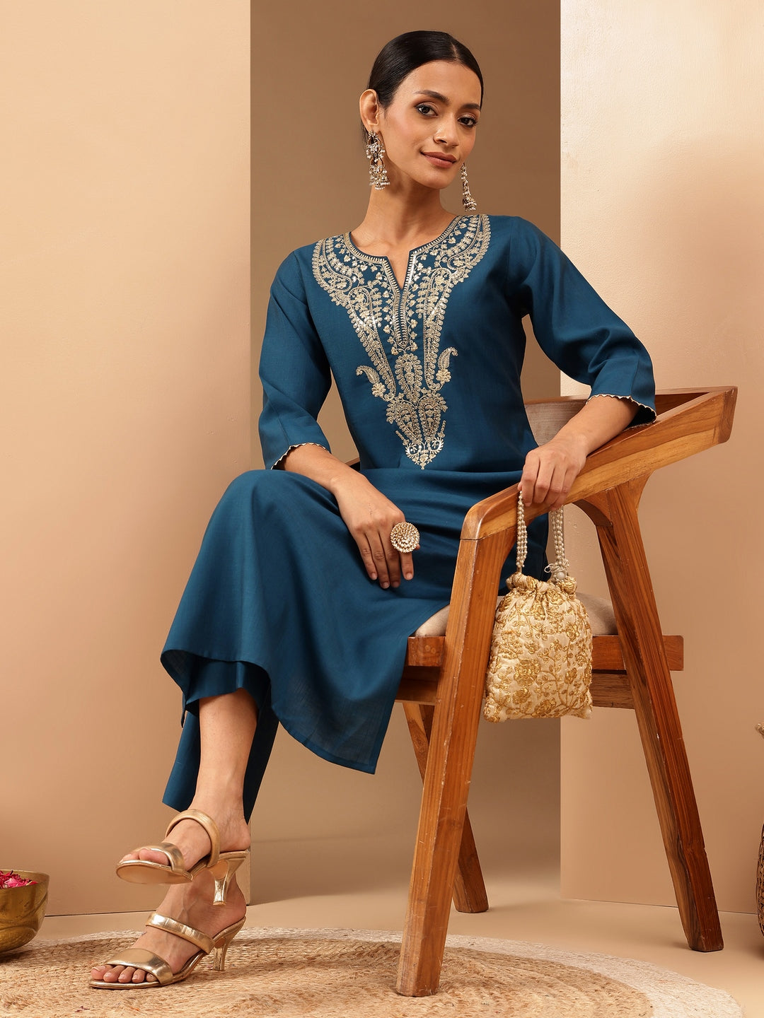 Ninnique Women's Teal Blue Silk Blend Zari Yoke Embroidered Straight Kurta