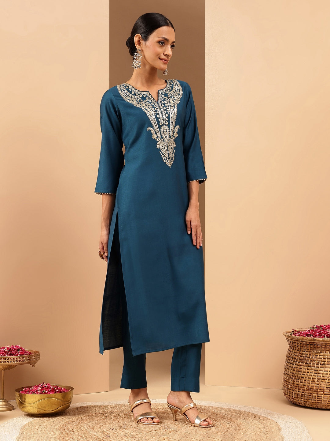 Ninnique Women's Teal Blue Silk Blend Zari Yoke Embroidered Straight Kurta