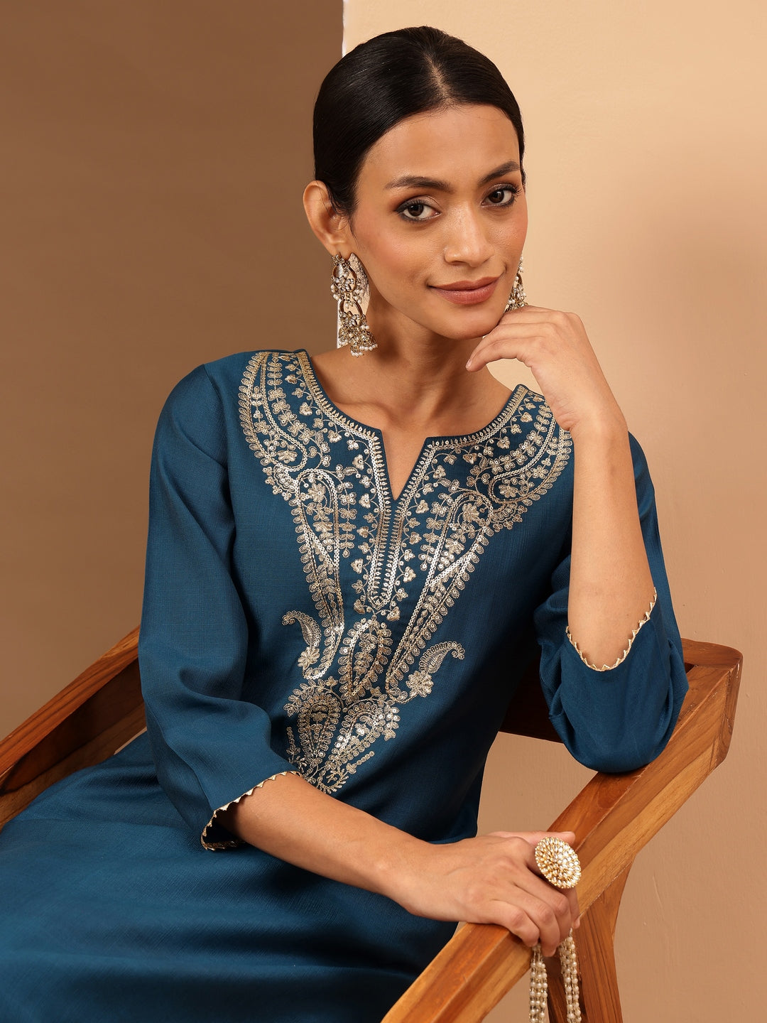 Ninnique Women's Teal Blue Silk Blend Zari Yoke Embroidered Straight Kurta