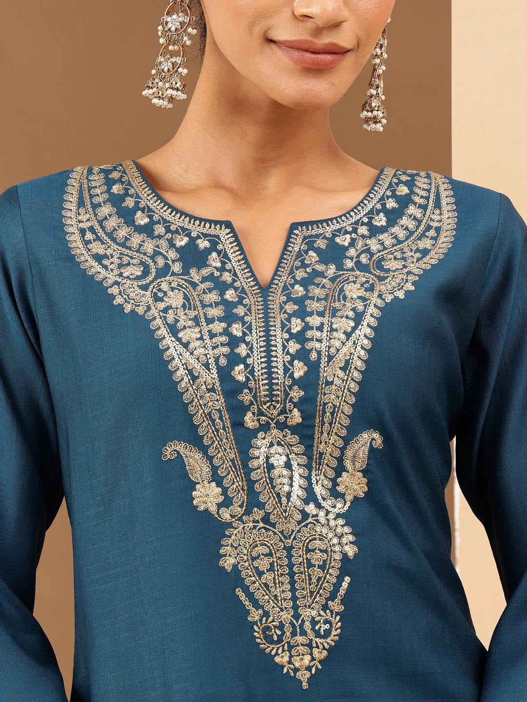 Ninnique Women's Teal Blue Silk Blend Zari Yoke Embroidered Straight Kurta