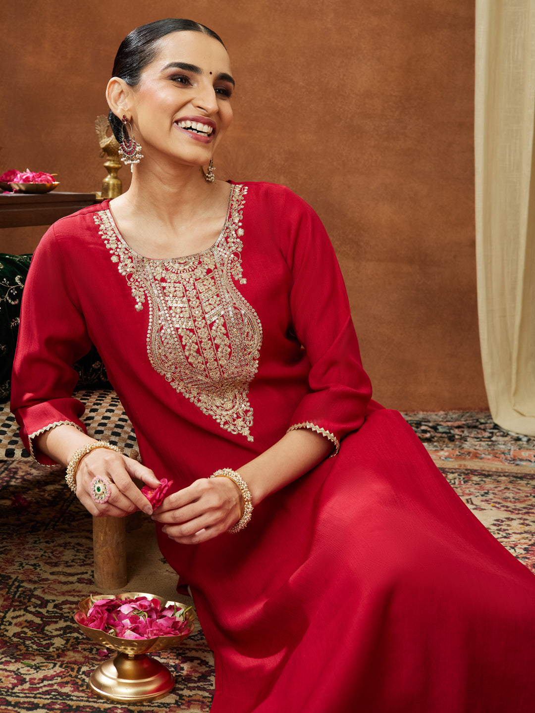 Ninnique Women's Maroon Silk Blend Yoke Embroidered Straight Kurta