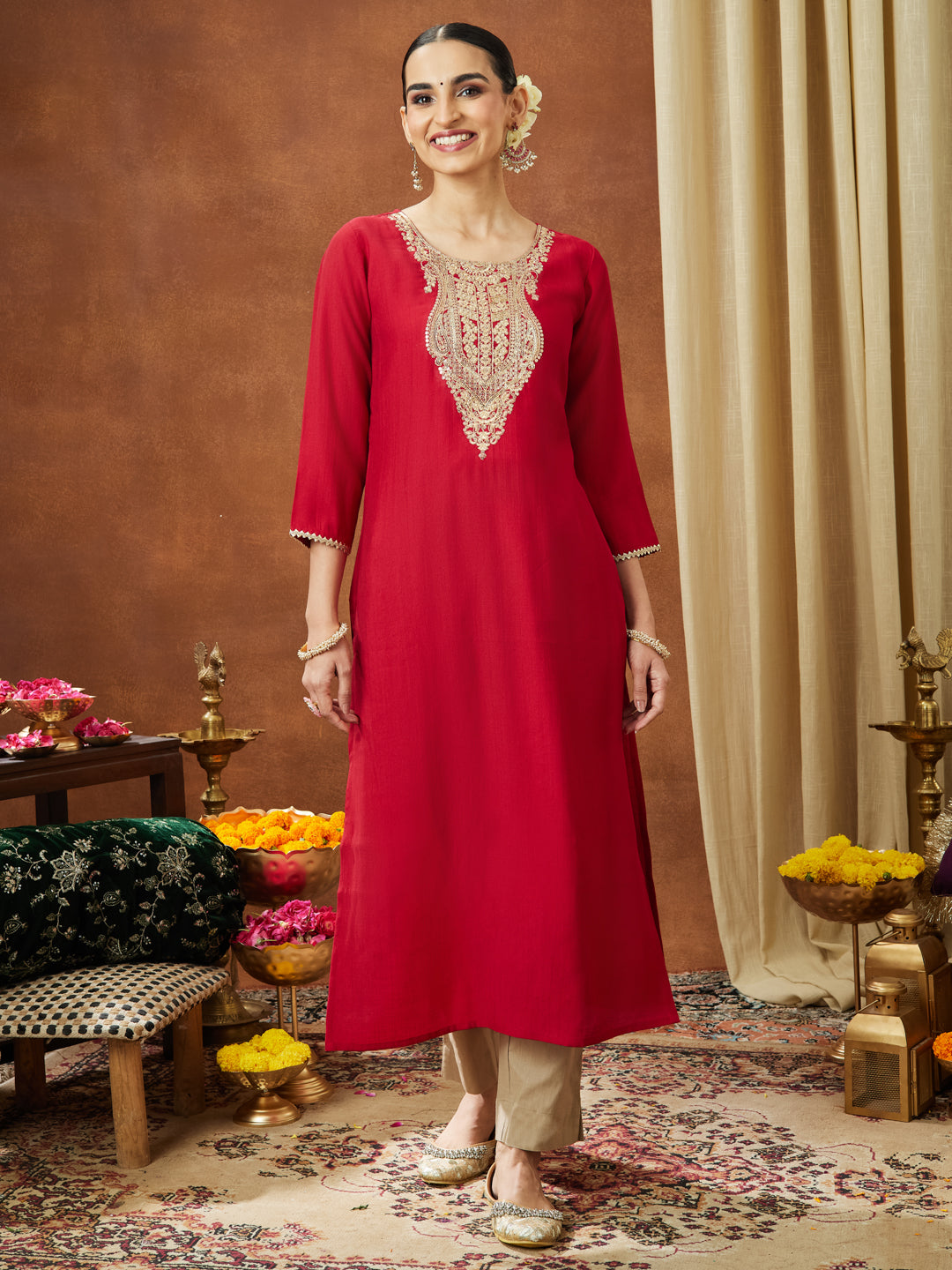 Ninnique Women's Maroon Silk Blend Yoke Embroidered Straight Kurta