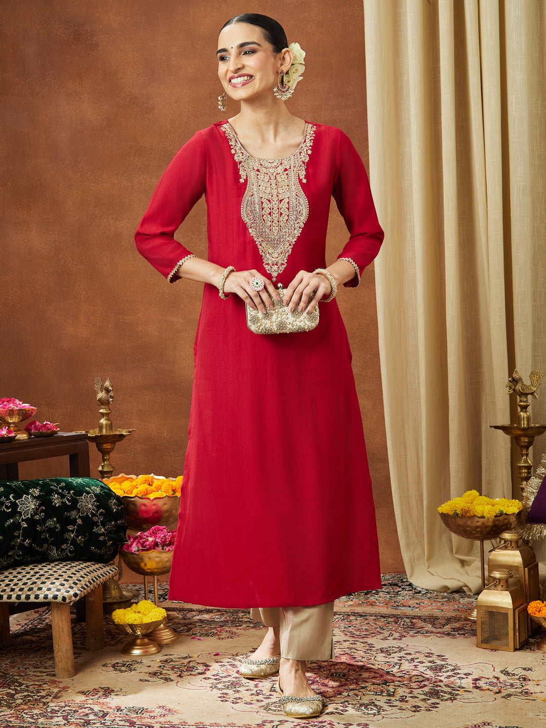 Ninnique Women's Maroon Silk Blend Yoke Embroidered Straight Kurta