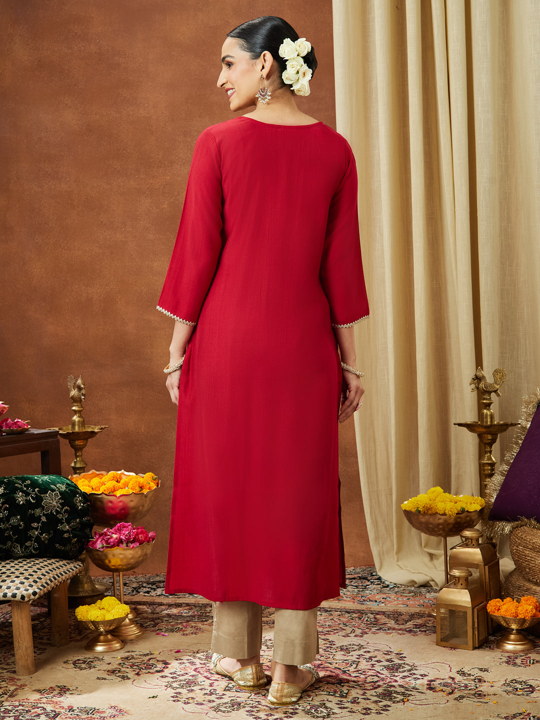 Ninnique Women's Maroon Silk Blend Yoke Embroidered Straight Kurta
