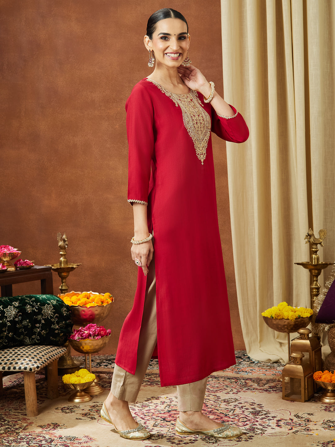 Ninnique Women's Maroon Silk Blend Yoke Embroidered Straight Kurta