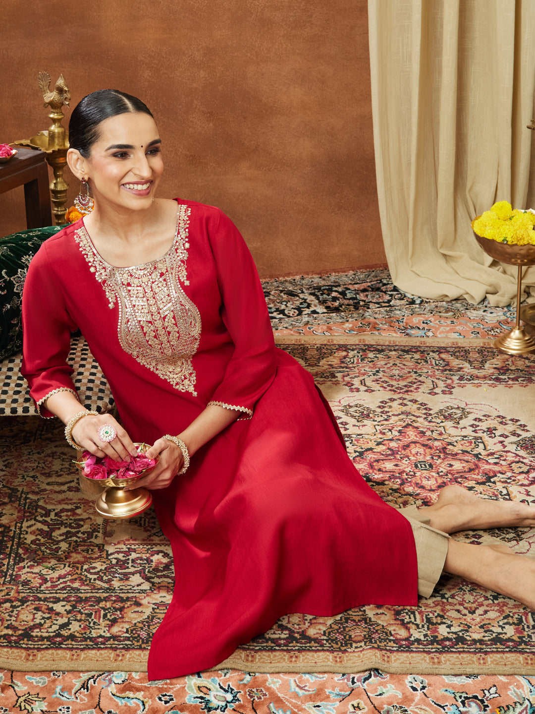 Ninnique Women's Maroon Silk Blend Yoke Embroidered Straight Kurta