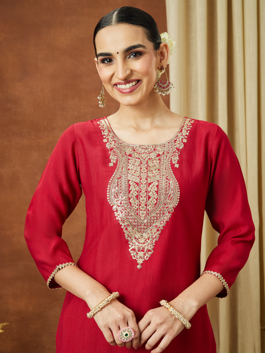 Ninnique Women's Maroon Silk Blend Yoke Embroidered Straight Kurta
