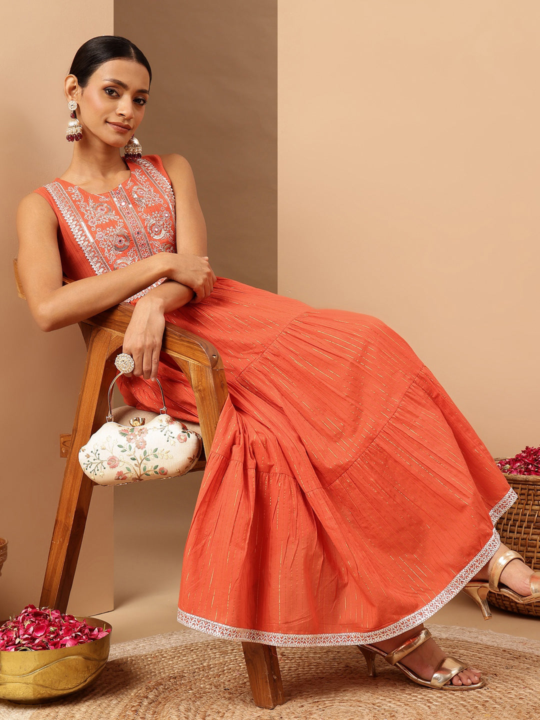 Ninnique Women's Orange Pure Cotton Yoke Embroidered Tiered Kurta