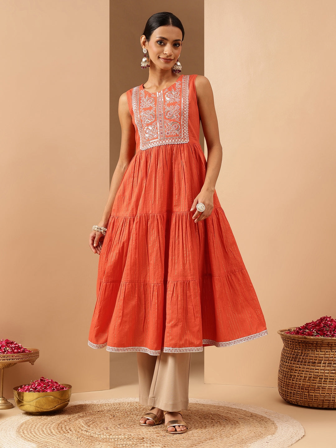 Ninnique Women's Orange Pure Cotton Yoke Embroidered Tiered Kurta