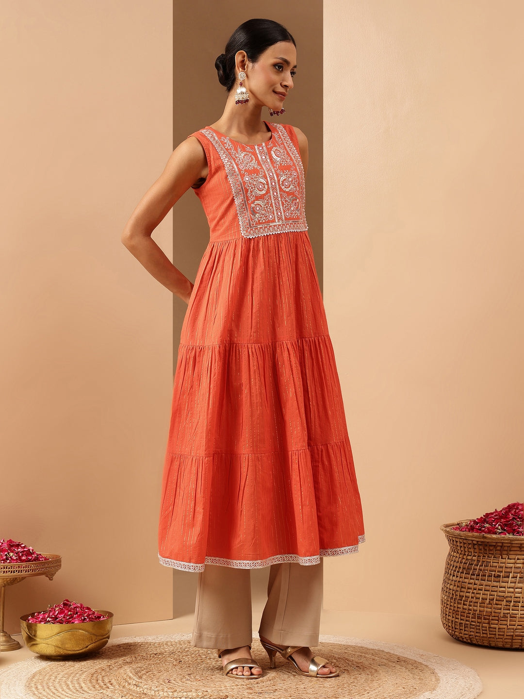 Ninnique Women's Orange Pure Cotton Yoke Embroidered Tiered Kurta
