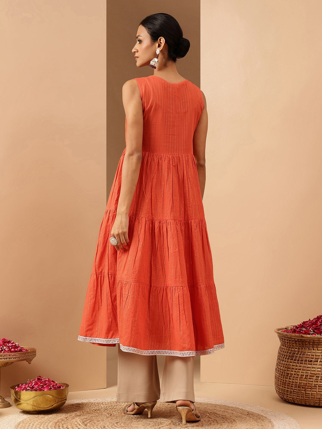 Ninnique Women's Orange Pure Cotton Yoke Embroidered Tiered Kurta