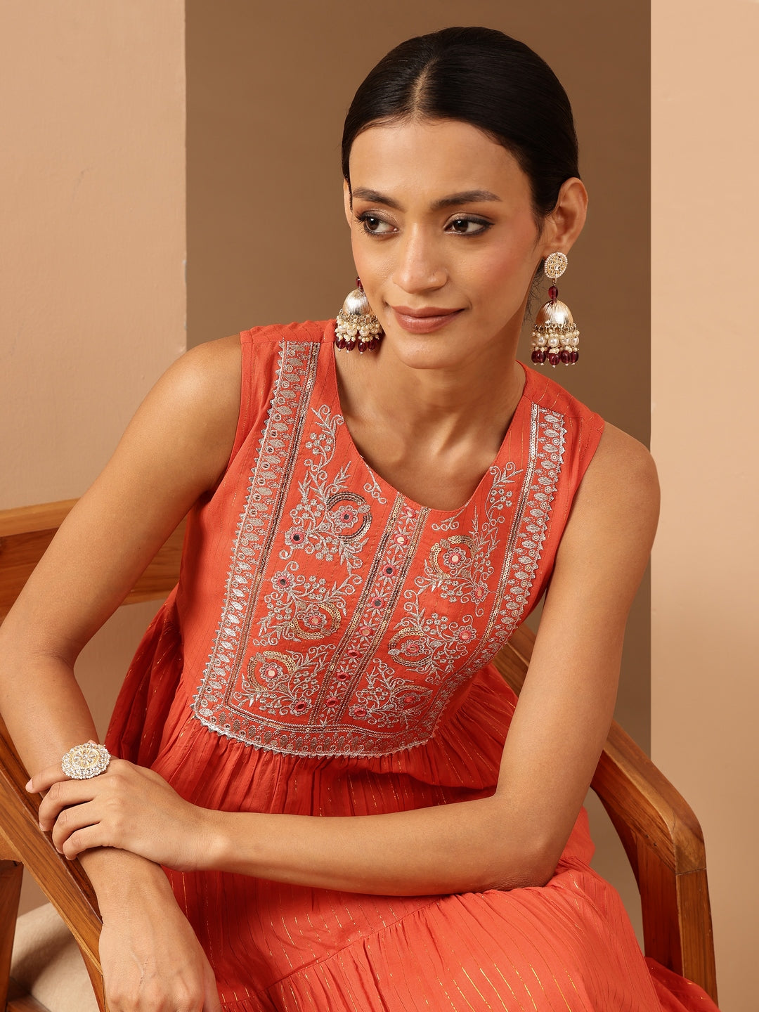 Ninnique Women's Orange Pure Cotton Yoke Embroidered Tiered Kurta