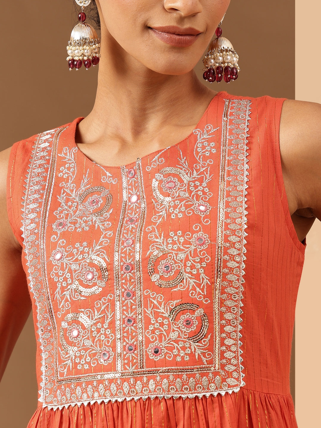 Ninnique Women's Orange Pure Cotton Yoke Embroidered Tiered Kurta