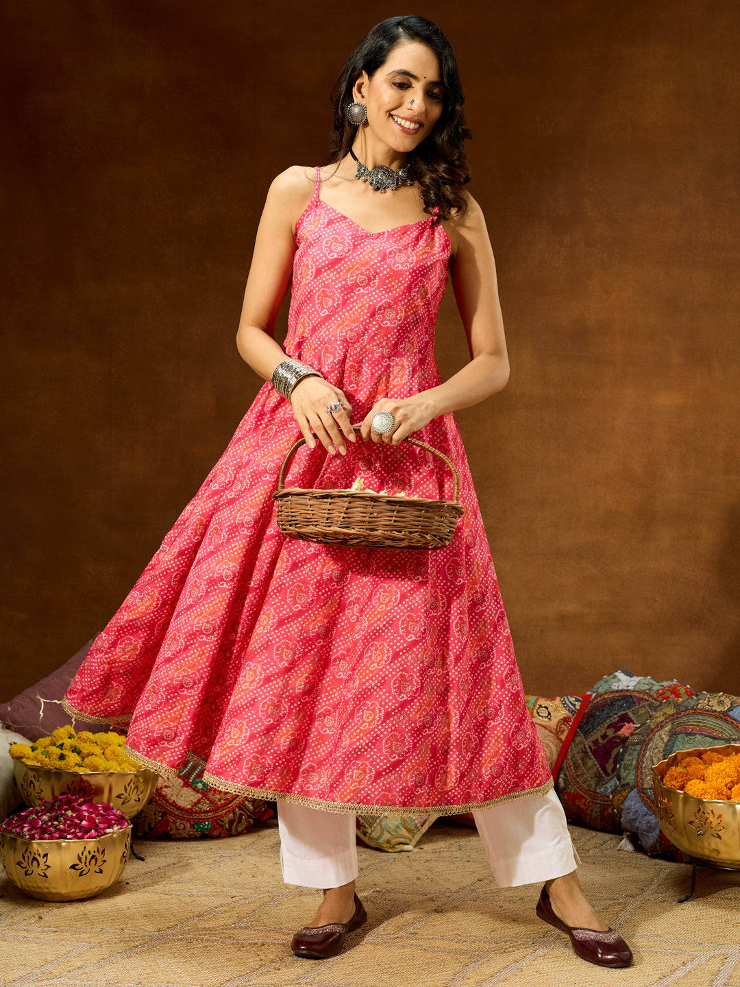 Ninnique Women's Pink Pure Cotton Bandhani Printed Anarkali Kurta