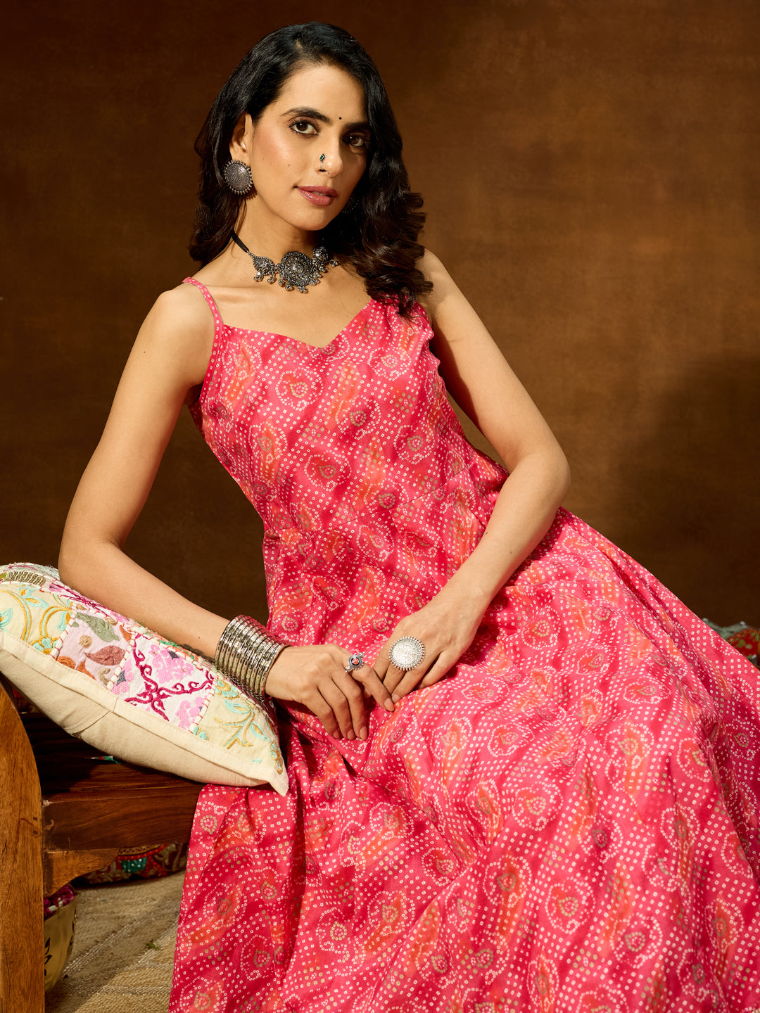 Ninnique Women's Pink Pure Cotton Bandhani Printed Anarkali Kurta
