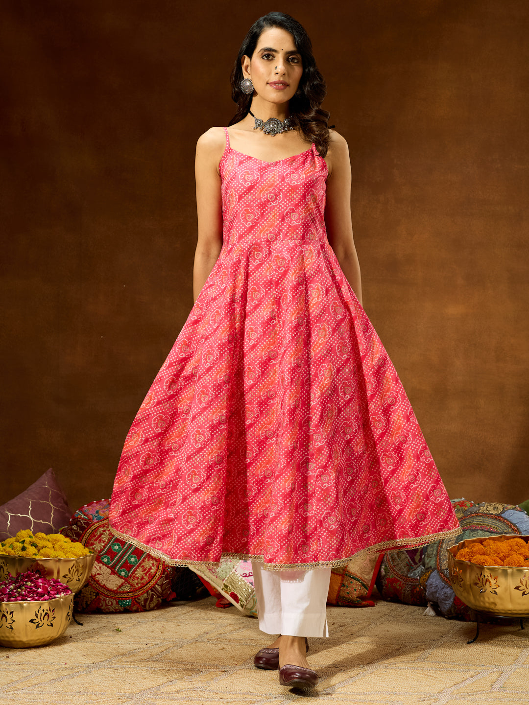 Ninnique Women's Pink Pure Cotton Bandhani Printed Anarkali Kurta