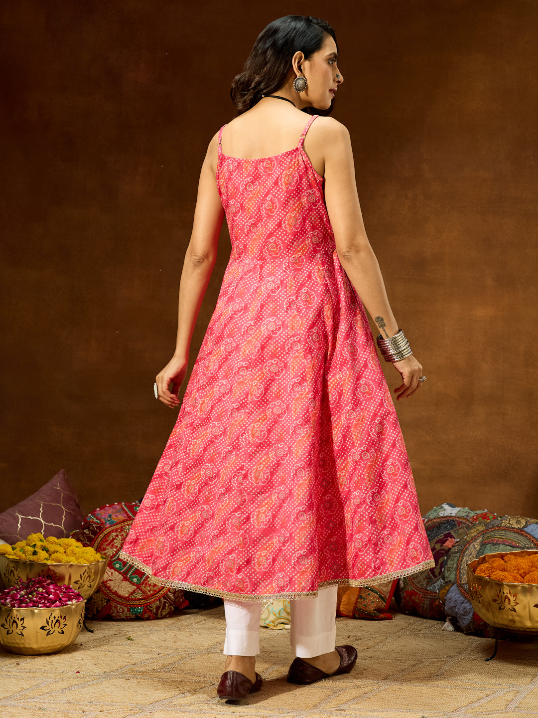 Ninnique Women's Pink Pure Cotton Bandhani Printed Anarkali Kurta