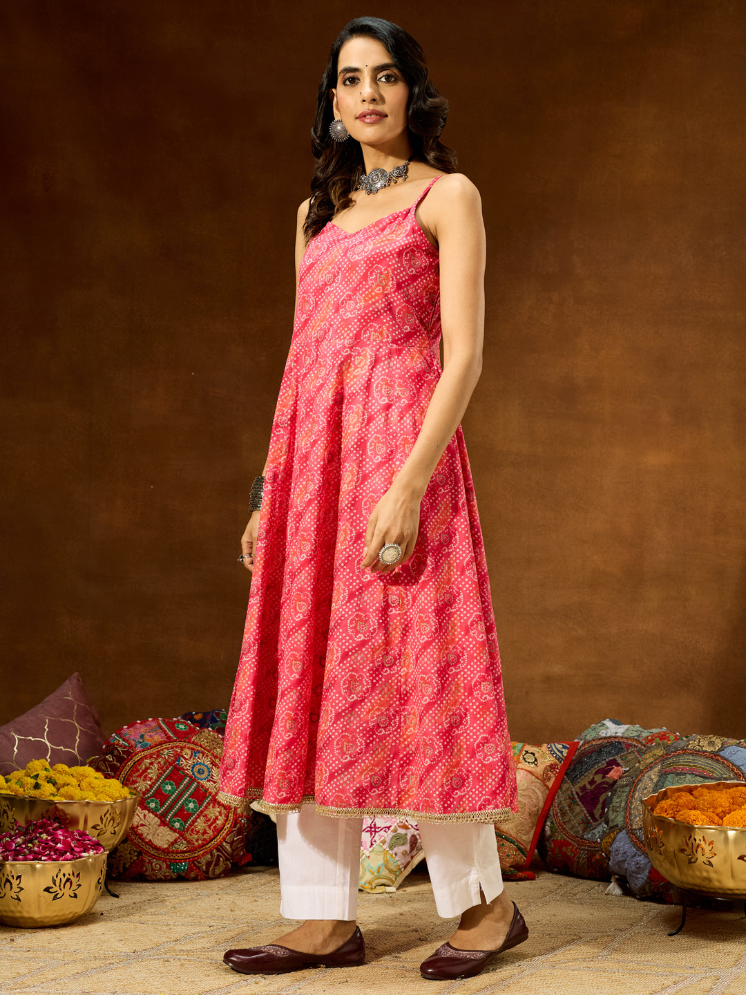 Ninnique Women's Pink Pure Cotton Bandhani Printed Anarkali Kurta