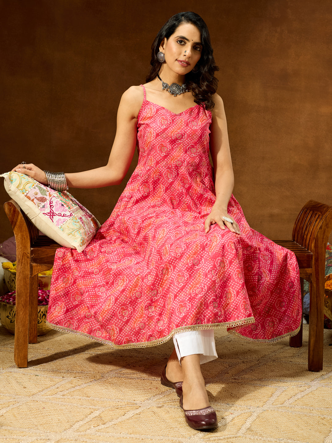 Ninnique Women's Pink Pure Cotton Bandhani Printed Anarkali Kurta