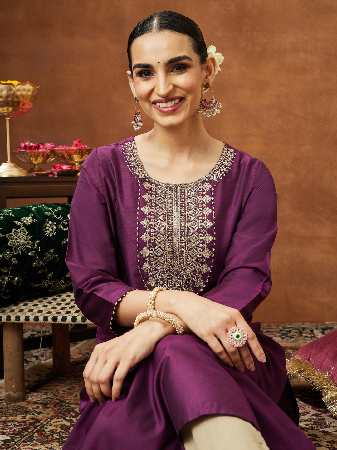 Ninnique Women's Wine Chanderi Silk Zari Yoke Embroidered Straight Kurta