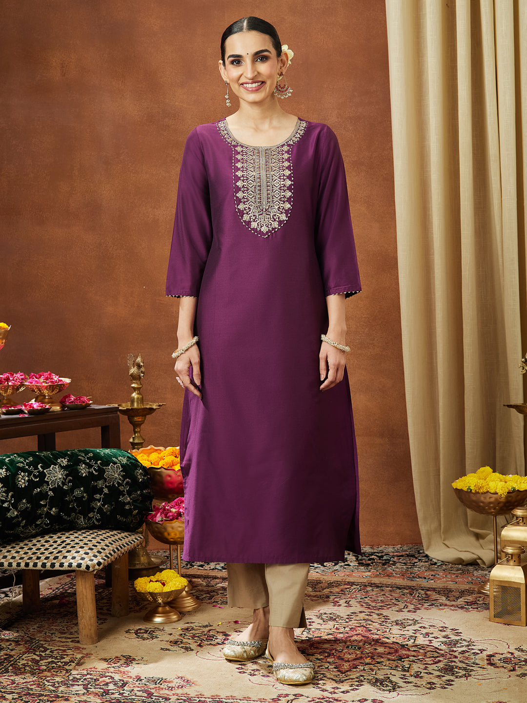 Ninnique Women's Wine Chanderi Silk Zari Yoke Embroidered Straight Kurta