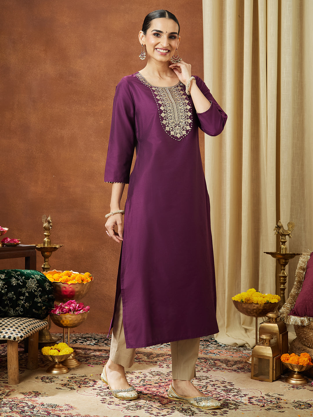 Ninnique Women's Wine Chanderi Silk Zari Yoke Embroidered Straight Kurta