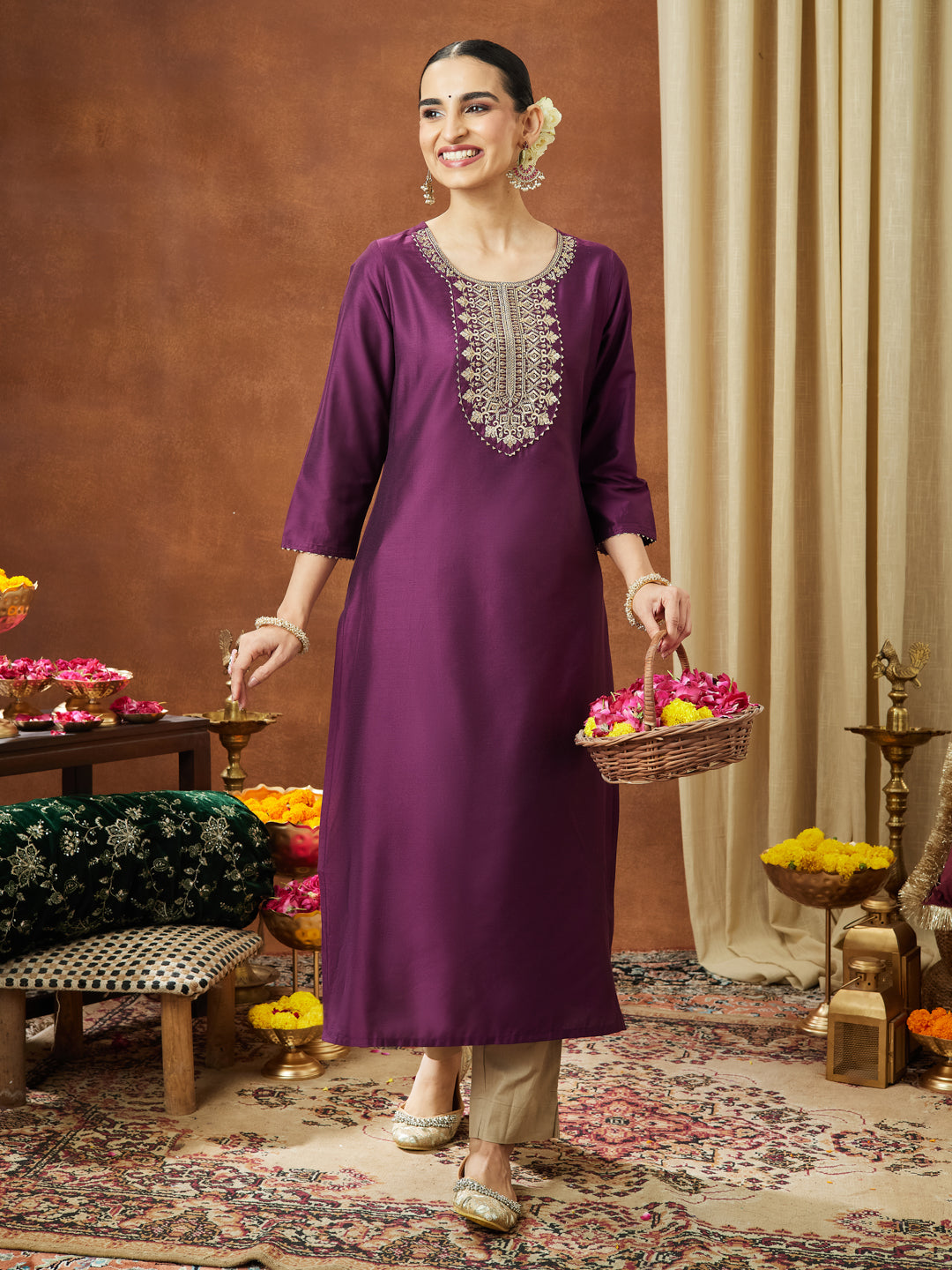 Ninnique Women's Wine Chanderi Silk Zari Yoke Embroidered Straight Kurta