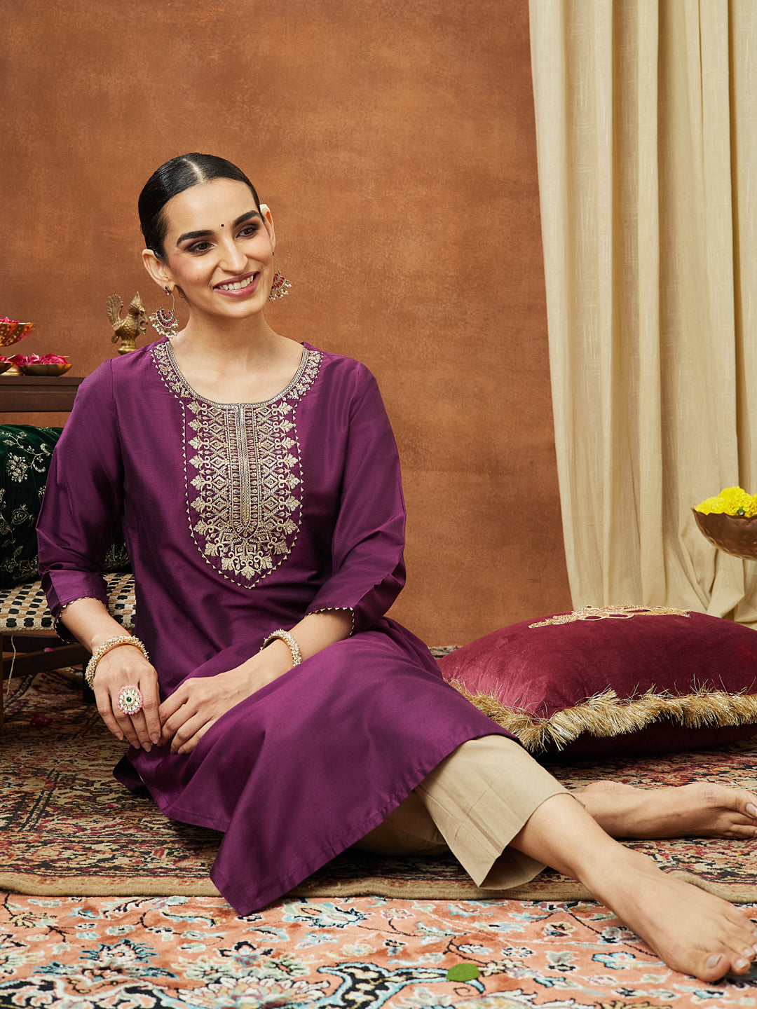 Ninnique Women's Wine Chanderi Silk Zari Yoke Embroidered Straight Kurta
