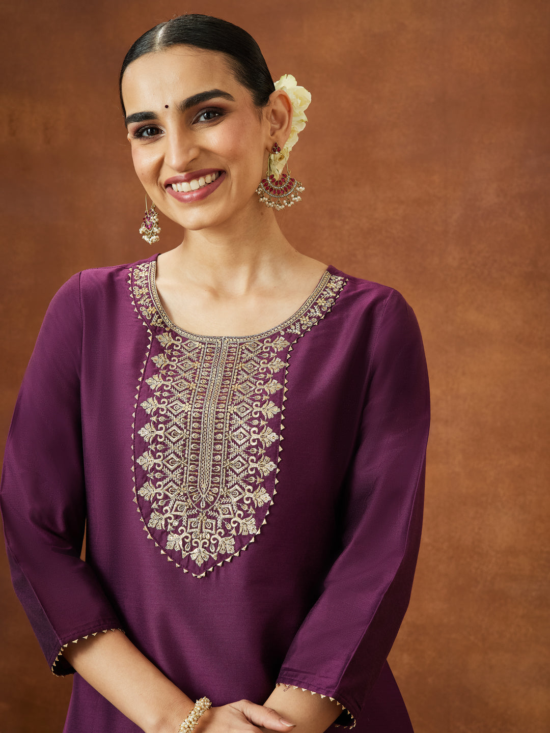 Ninnique Women's Wine Chanderi Silk Zari Yoke Embroidered Straight Kurta
