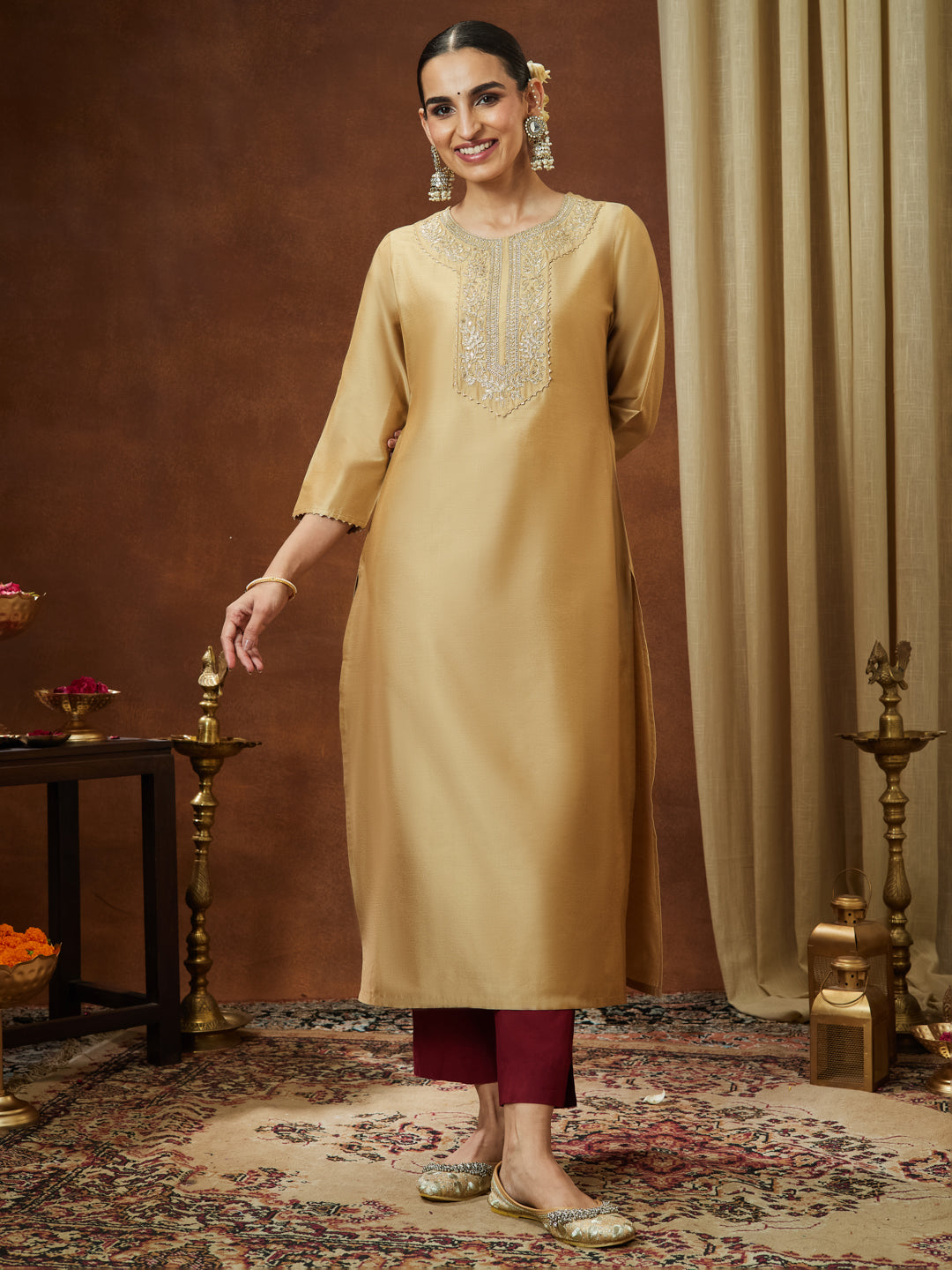 Ninnique Women's Beige Chanderi Silk Zari Yoke Embroidered Straight Kurta