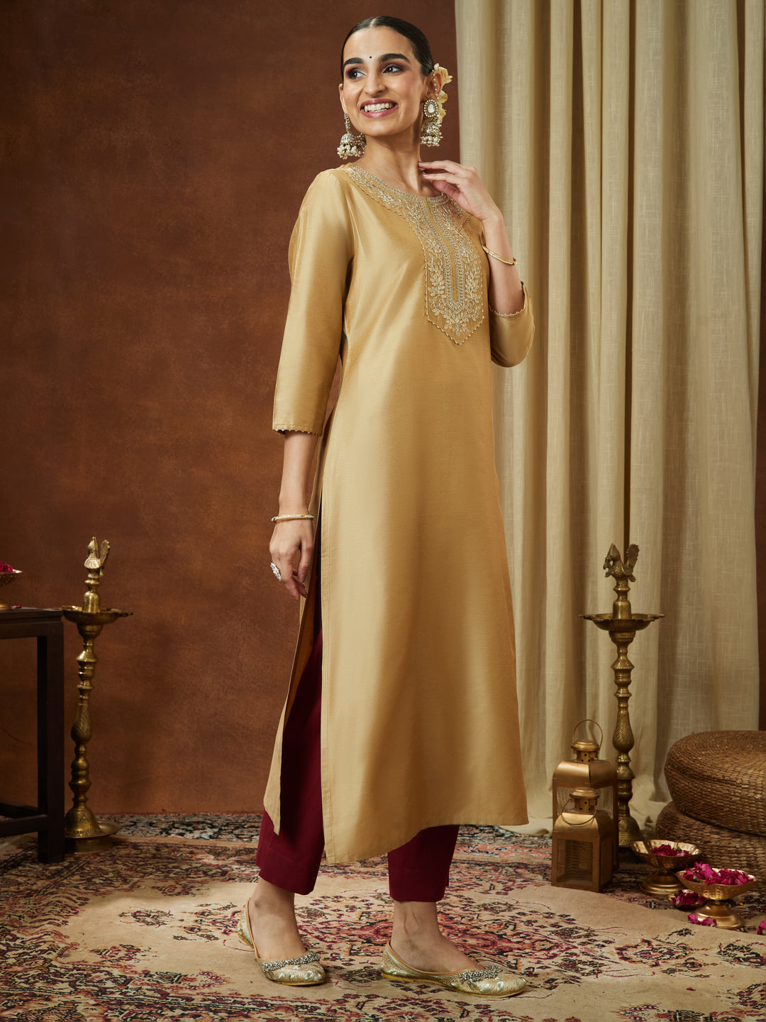 Ninnique Women's Beige Chanderi Silk Zari Yoke Embroidered Straight Kurta