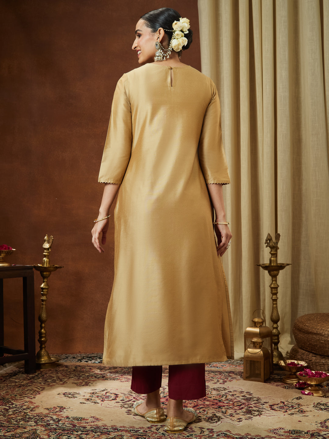 Ninnique Women's Beige Chanderi Silk Zari Yoke Embroidered Straight Kurta