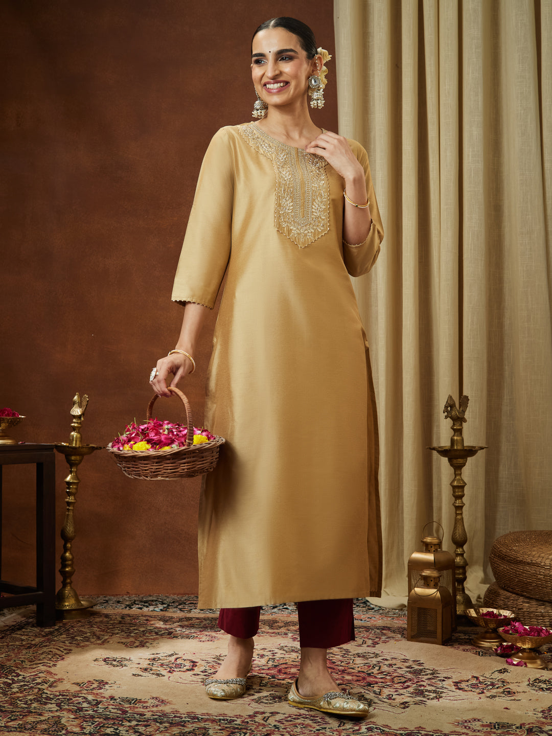Ninnique Women's Beige Chanderi Silk Zari Yoke Embroidered Straight Kurta