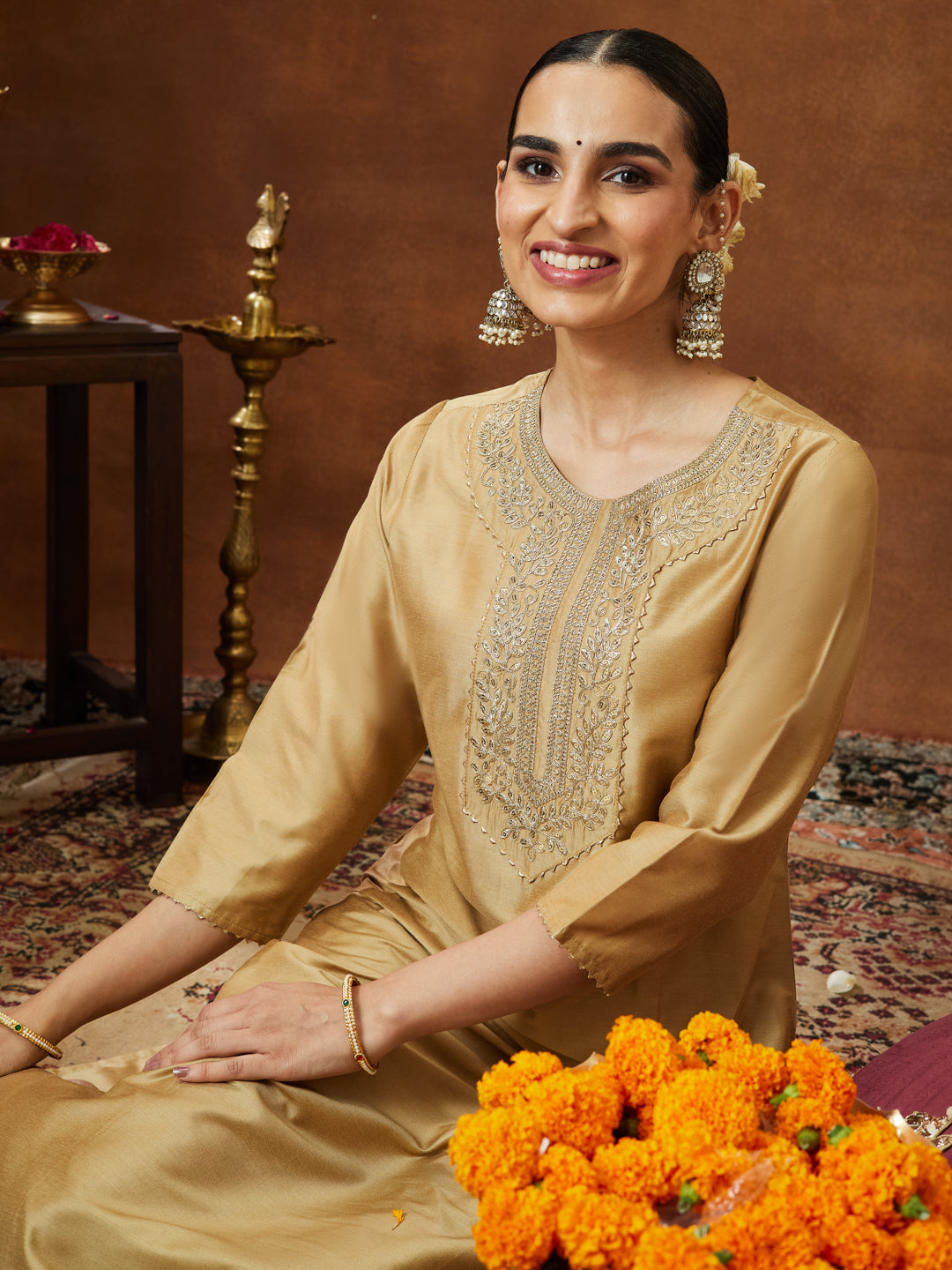 Ninnique Women's Beige Chanderi Silk Zari Yoke Embroidered Straight Kurta