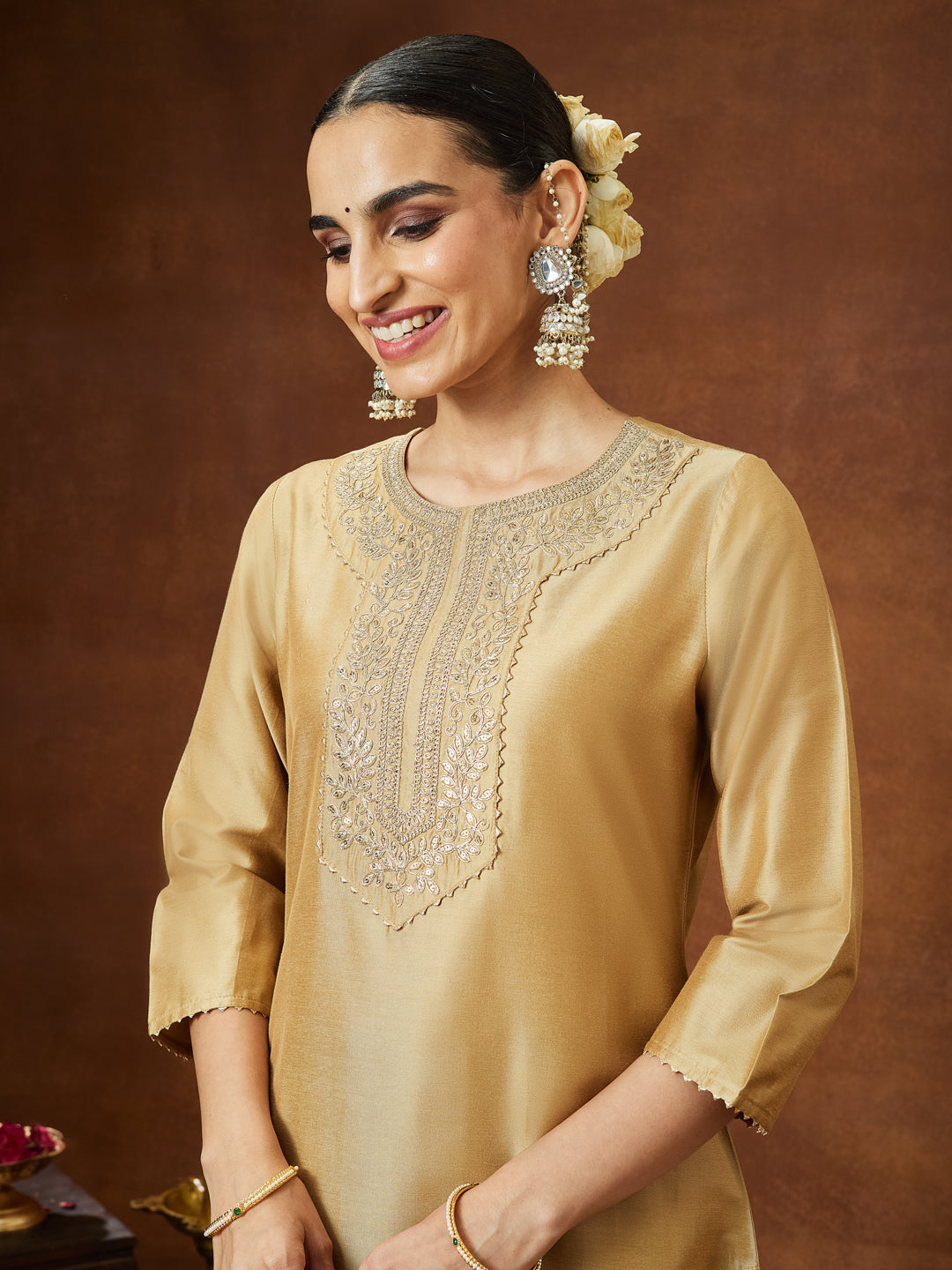 Ninnique Women's Beige Chanderi Silk Zari Yoke Embroidered Straight Kurta