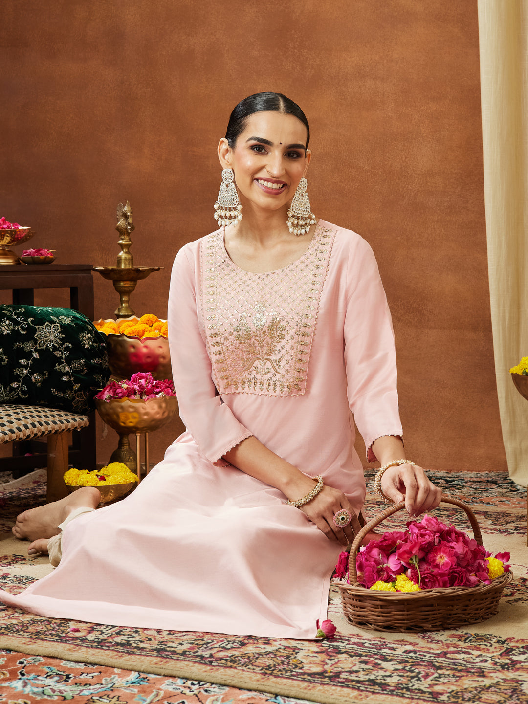 Ninnique Women's Light Pink Chanderi Silk Yoke Embroidered Straight Kurta