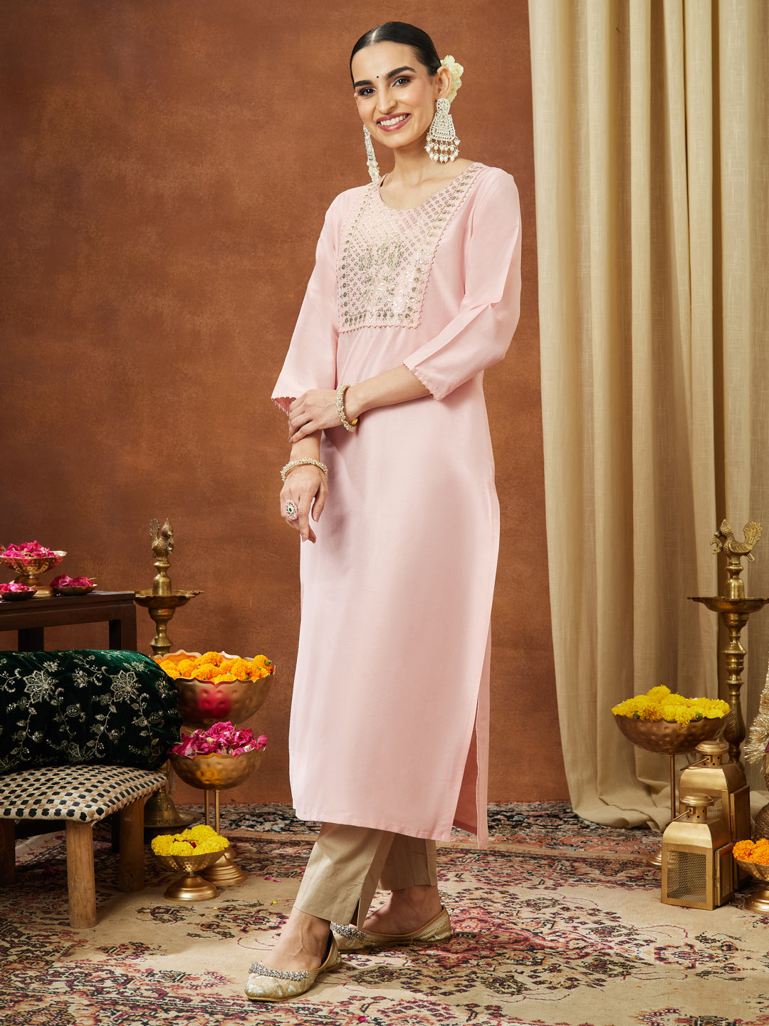 Ninnique Women's Light Pink Chanderi Silk Yoke Embroidered Straight Kurta