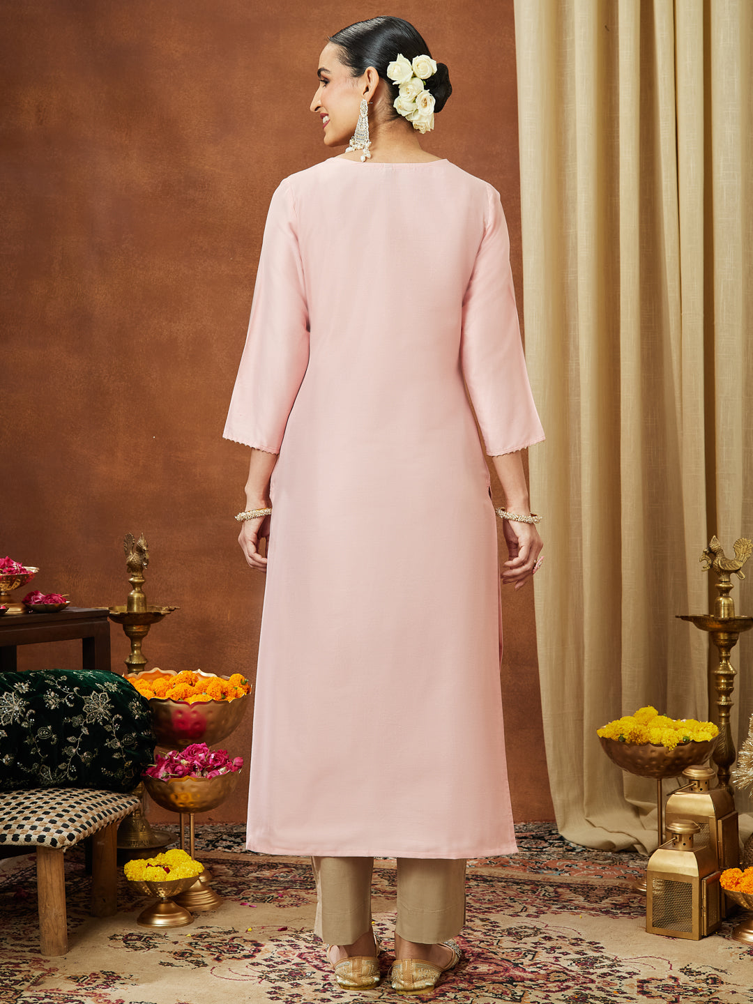 Ninnique Women's Light Pink Chanderi Silk Yoke Embroidered Straight Kurta