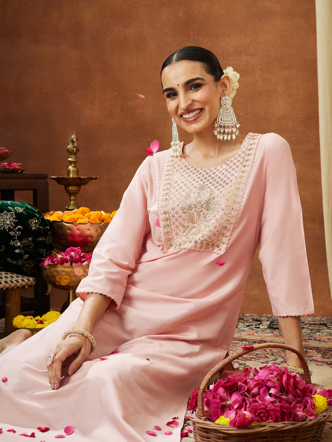 Ninnique Women's Light Pink Chanderi Silk Yoke Embroidered Straight Kurta