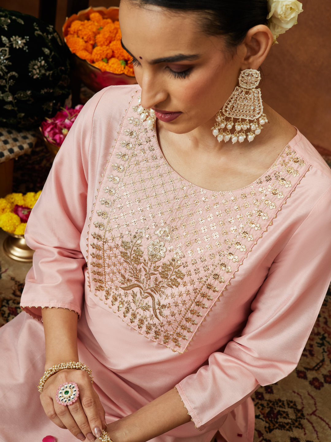 Ninnique Women's Light Pink Chanderi Silk Yoke Embroidered Straight Kurta