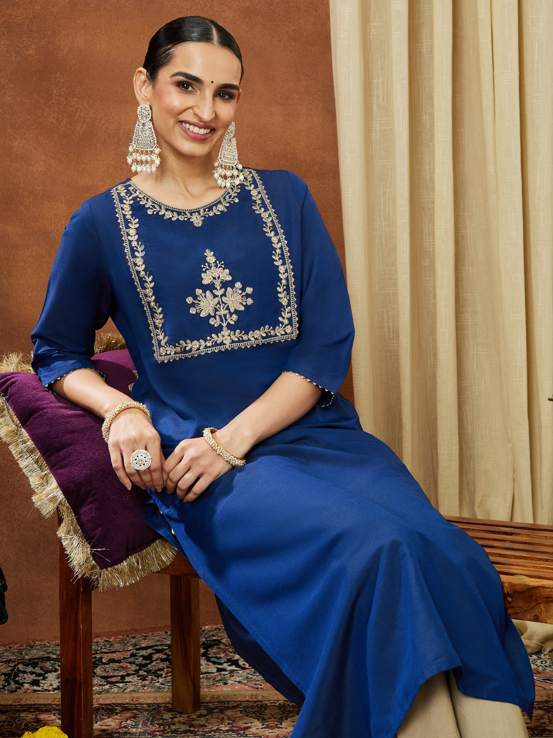 Ninnique Women's Navy Blue Chanderi Silk Zari Yoke Embroidered Straight Kurta