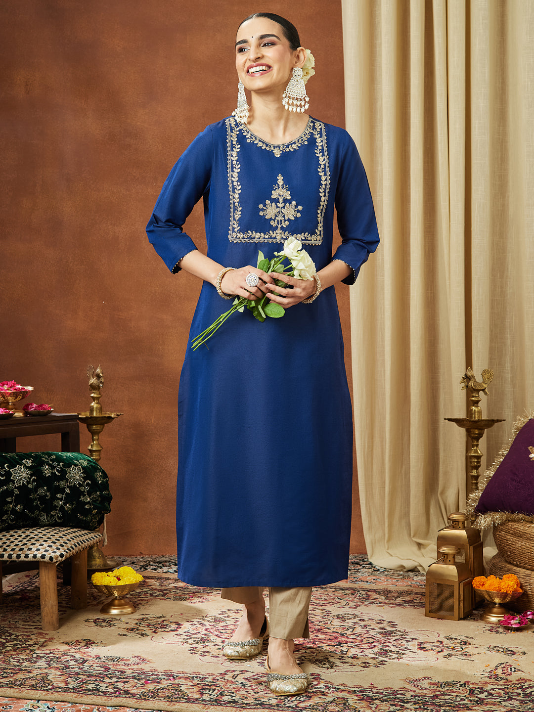 Ninnique Women's Navy Blue Chanderi Silk Zari Yoke Embroidered Straight Kurta